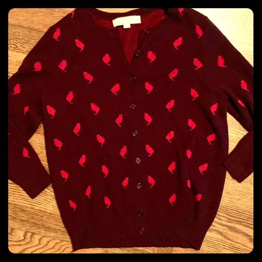 Ann Taylor loft burgundy cardigan with pink cats